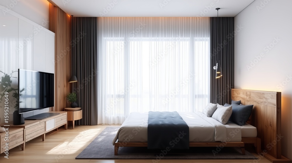 Fototapeta premium minimalist bedroom with double bed and sheer curtains illuminated by soft daylight
