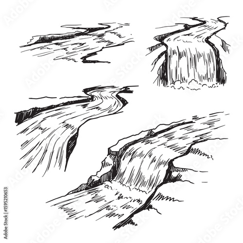 Hand drawn ink illustrations of flowing rivers waterfalls and streams in a sketch style