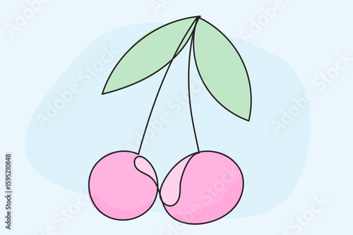 Line Art Cherry Berry Fruit. One Continuous Outline Contour Drawing. Summer Tropical Resort Rest Vacation Symbol Silhouette Design. Curve Wavy Shape. Fresh Healthy Vitamin Ripe Vegetarian Food Harvest