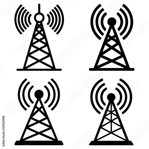 Illustration showing four communication towers with signals in a symmetrical arrangement on white background