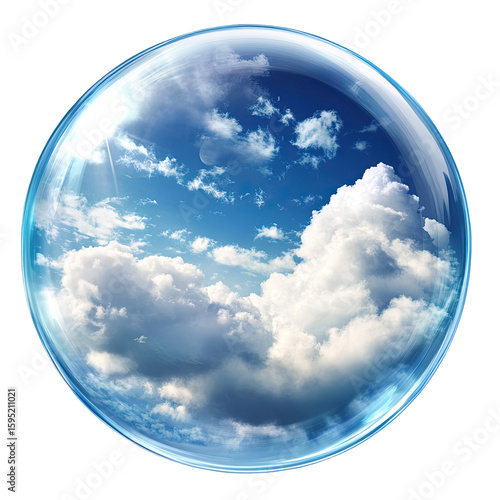 A transparent sphere captures a vibrant sky scene