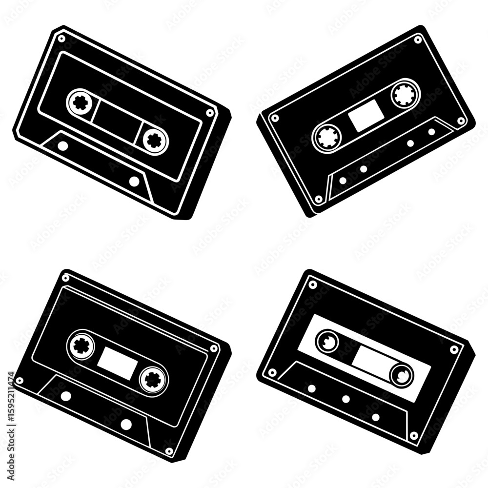 Fototapeta premium Four black and white cassette tapes arranged in a pattern on a white background illustration style
