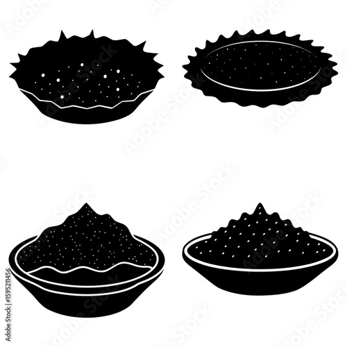 Four bowls and tartlets filled with granular substances in a monochrome black and white illustration