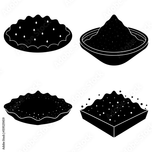 Four stylized black and white illustrations of dishes or containers holding granular or solid material