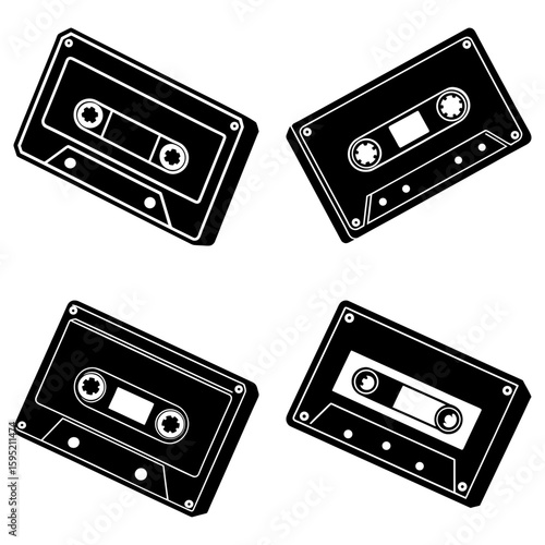 Four black and white cassette tapes arranged in a pattern on a white background illustration style