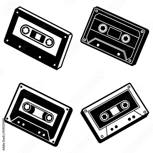 Four cassette tapes in black and white with a retro vintage design and classic audio recording medium look