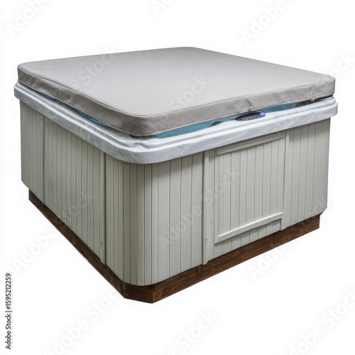 Modern outdoor hot tub with sleek gray exterior and insulated cover for relaxation