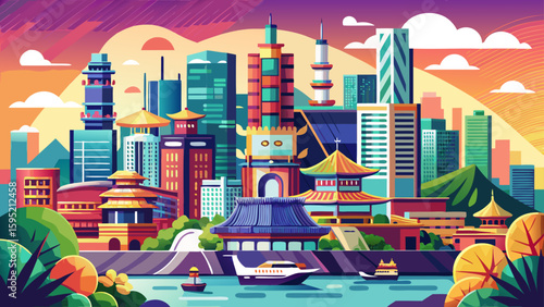 Kaohsiung, Taiwan – Harborfront skyscrapers, art centers, and temple courtyards blend for a youthful and colorful vector-ready city.