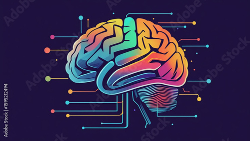  Artificial Intelligence concept with a colorful, high-tech brain connected to a digital data network