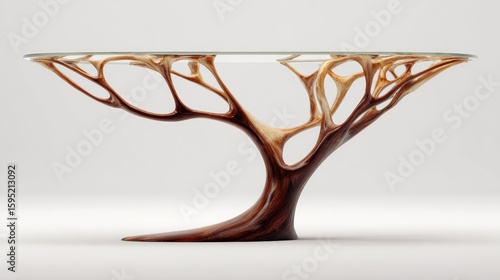 Glass top table, organic wood base