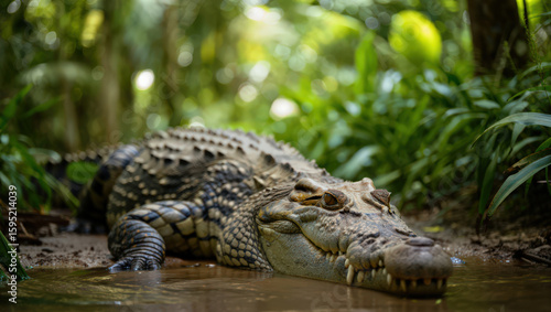 Captivating Freshwater Crocodile Resting in Muddy Waters Amidst Lush Greenery A Glimpse into Australian Wildlife and Reptilian Beauty in Natural Setting