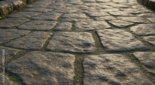 Old stone path texture with soft diffuse light and grass between the stones