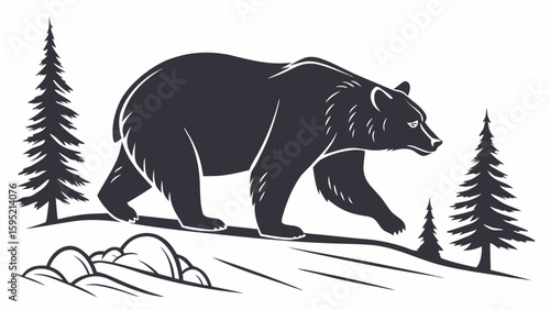 Silhouette of a bear walking through a forest with pine trees and rocks in a black and white design