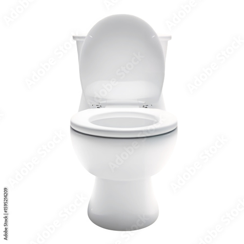 A front view of a white toilet with the lid open against a black background studio shot on transparent background