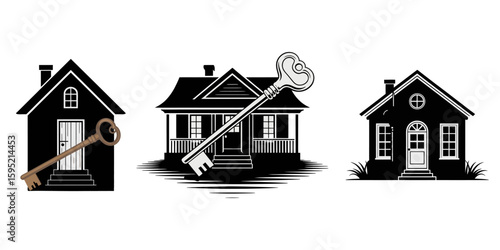 house key isolated on white background, Realtor house key icon flat isolated vector, Opening house key vector sign. House key, real estate key sign, Key vector icon.  Retro and modern house key