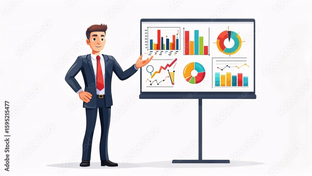 Fototapeta premium Confident Business Professional Presenting Data Analysis on Modern Display Stand for Strategic Planning