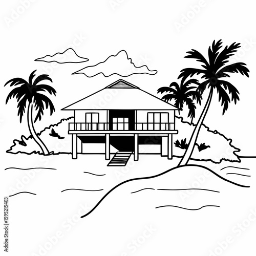 Line art of a tropical resort villa by the beach, with palm trees, thatched roof, and wide verandas