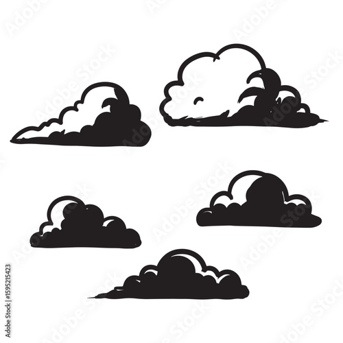 Simple black and white hand drawn clouds set for weather sky and nature elements