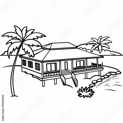 Line art of a tropical resort villa by the beach, with palm trees, thatched roof, and wide verandas