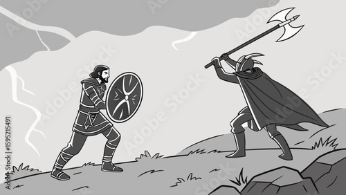 Two warriors facing each other one with a shield and the other with an axe in a grayscale scene