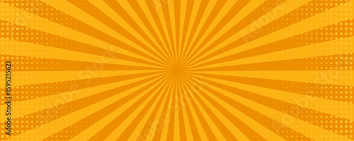 Pop art halftone background. Comic starburst pattern. Cartoon retro sunburst effect. Blue banner with dots and rays. Vintage duotone texture. Vector illustration. Superhero wow banner. eps10