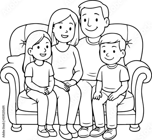 Happy Family Sitting Together on Couch – Line Art Illustration
