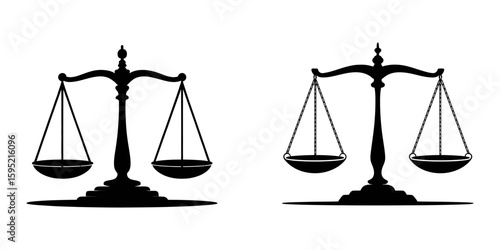 A classic black and white illustration of a justice scale or balance scale symbolizing law fairness and equality on a white background, A simple black and white illustration depicting classic scales