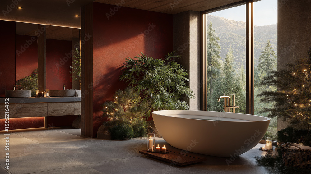 Fototapeta premium Spa-Like Haven: Luxurious bathroom featuring a freestanding bathtub, lush greenery, and a scenic view of a mountain landscape, offering a serene and relaxing atmosphere.