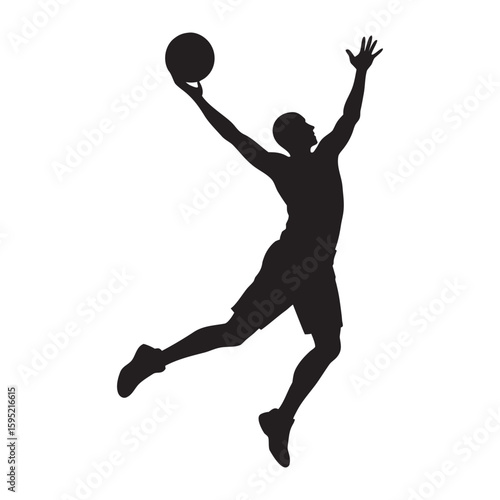 Dynamic silhouette of a basketball player in mid air capturing athletic motion and energy