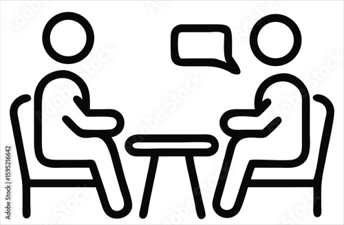 Two stylized figures sit opposite each other at a table engaged in conversation, represented by a speech bubble above them symbolizing communication and discussion. Ideal for:
Business communication