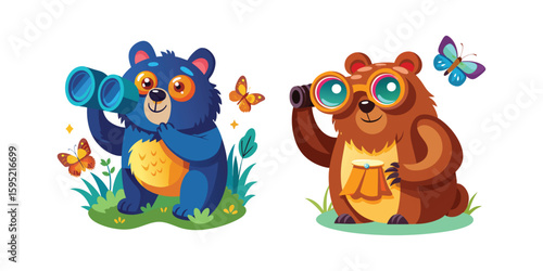 Curious Bear Peeking Through Binoculars Startled by Butterfly Cute Wildlife Vector Illustration for Kids and Nature Lovers