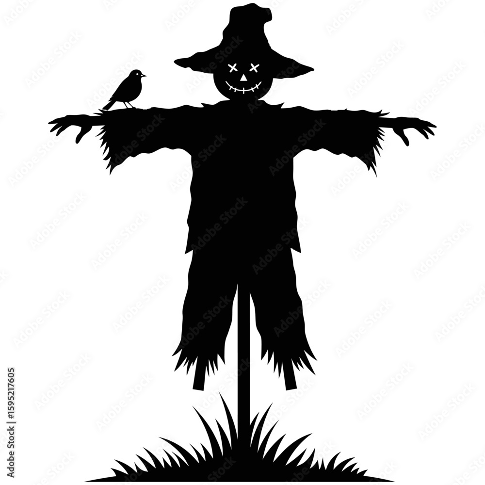 Fototapeta premium A whimsical vector illustration of a witch in a black costume, flying on a broom with a spooky autumn pumpkin, perfect for a Halloween holiday