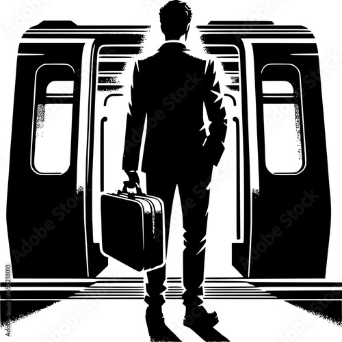 Departure in Silhouette: A sharply dressed individual, briefcase in hand, steps confidently onto a train platform, the train doors beckoning with open invitation. Embracing travel, urban life.