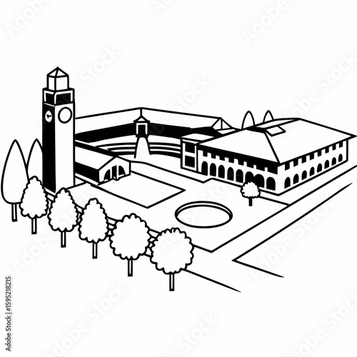 Line art of a university campus with lecture hall, clock tower, and courtyard in technical architectural style