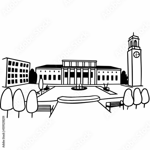 Line art of a university campus with lecture hall, clock tower, and courtyard in technical architectural style