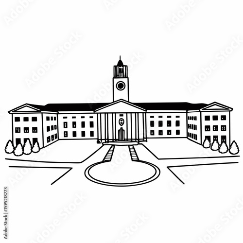 Line art of a university campus with lecture hall, clock tower, and courtyard in technical architectural style