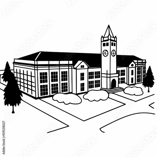 Line art of a university campus with lecture hall, clock tower, and courtyard in technical architectural style