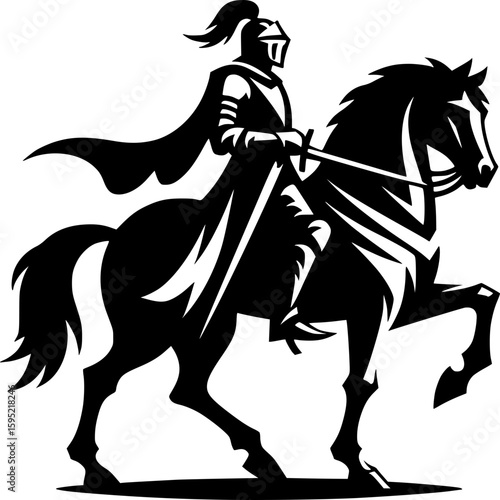 Knight on Horseback: A majestic knight, clad in shining armor and regal cape, astride a powerful warhorse, ready for adventure and valor.