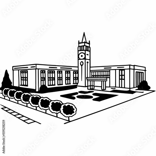 Line art of a university campus with lecture hall, clock tower, and courtyard in technical architectural style