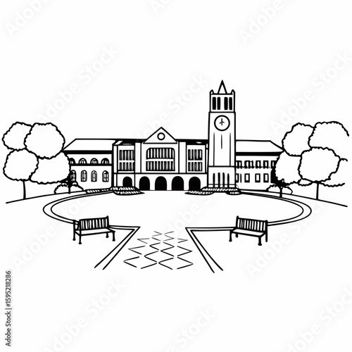 Line art of a university campus with lecture hall, clock tower, and courtyard in technical architectural style