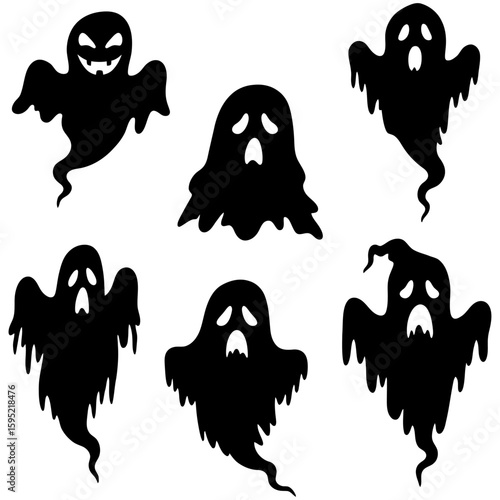 Set of black Halloween ghost silhouette icons