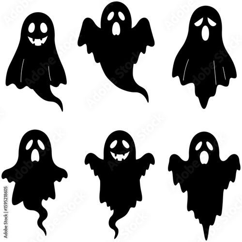 Set of black Halloween ghost silhouette icons