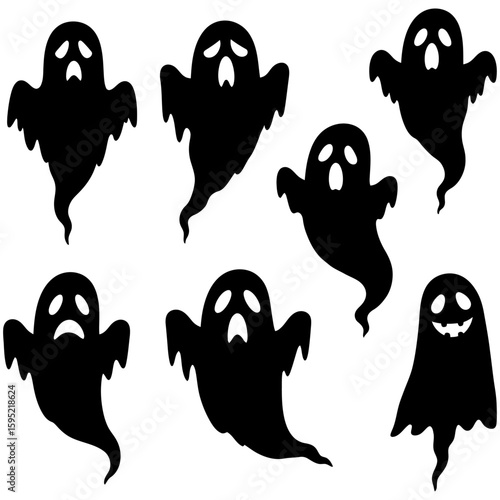 Set of black Halloween ghost silhouette icons
