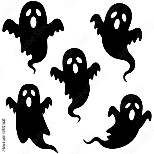 Set of black Halloween ghost silhouette icons