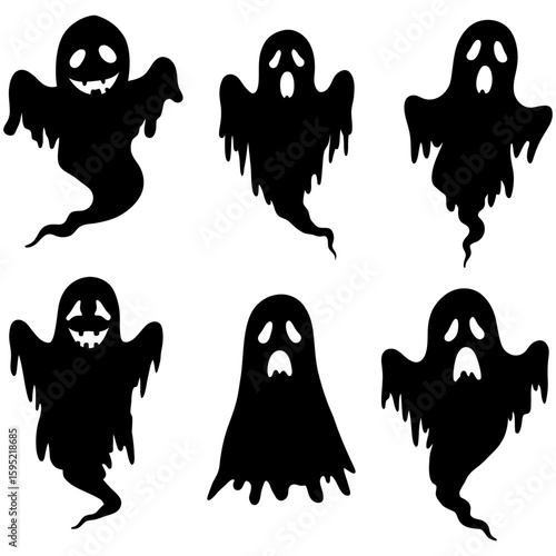 Set of black Halloween ghost silhouette icons