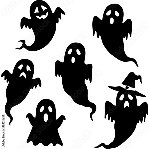 Set of black Halloween ghost silhouette icons