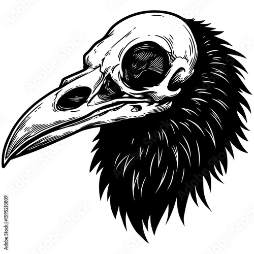 Vintage Vector Illustration of Raven with Exposed Skull – Gothic Bird Art"
