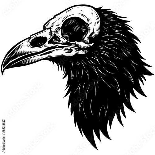Vintage Vector Illustration of Raven with Exposed Skull – Gothic Bird Art"
