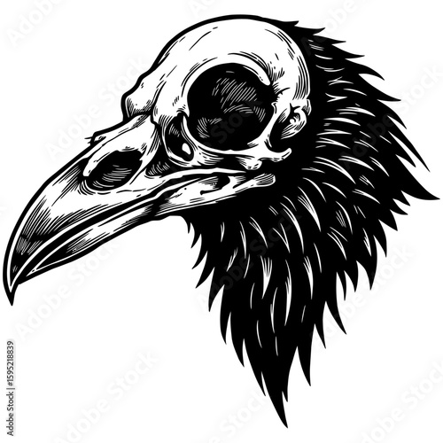 Vintage Vector Illustration of Raven with Exposed Skull – Gothic Bird Art"