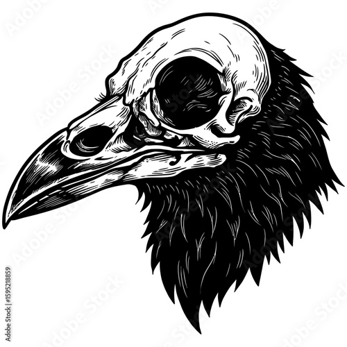 Vintage Vector Illustration of Raven with Exposed Skull – Gothic Bird Art"